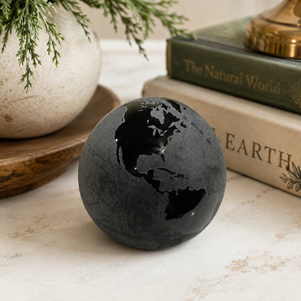 Ewegla Signed Art Glass Globe Paperweight Frosted Textured Black
